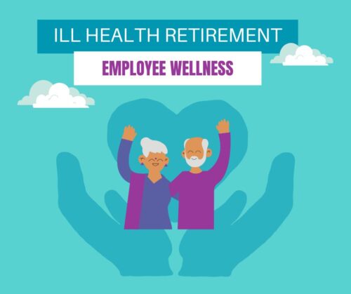 Graphic with two elderly people with text reading 'Ill Health Retirement - Employee Wellness'