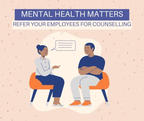 A graphic of an person and a counsellor sat down talking